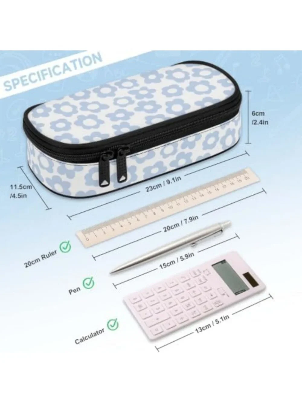 Large Blue Retro Floral Pencil Case - Cute Pouch Bag for School & Art Supplies